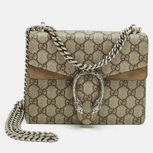 Pre Owned Gucci Beige GG Supreme Canvas and Suede Mini Dionysus Shoulder Bag