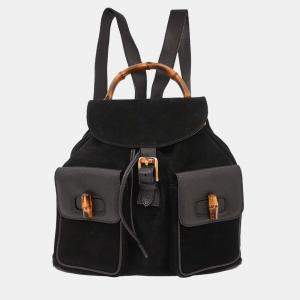Pre Owned Gucci Black Suede Bamboo Backpack