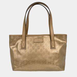 Pre Owned Gucci Gold Coated Canvas Leather GG Tote Handbag