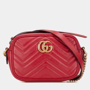 Pre Owned Gucci Red Mini GG Marmont Matelasse Leather Crossbody