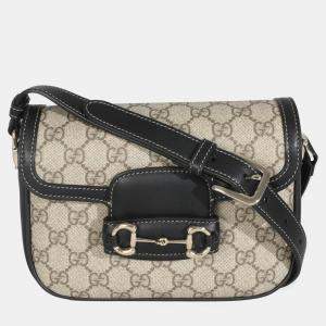 Pre Owned Gucci Black Beige GG Supreme Monogram Mini Horsebit 1955 Shoulder Bag