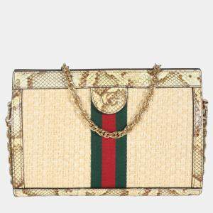 Pre Owned Gucci Cream Brown Raffia Elaphe GG Small Ophidia Chain Shoulder Bag
