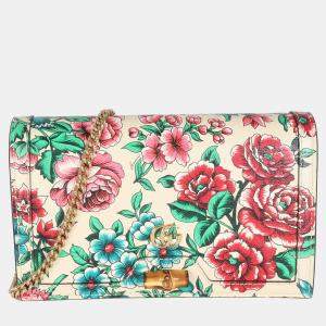 Pre Owned Gucci New Shanghai Floral Calfskin Bamboo Diana Chain Wallet