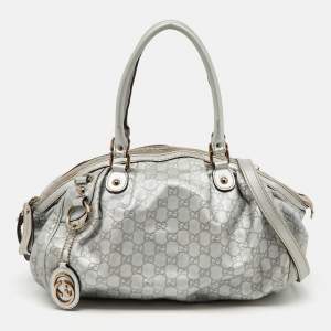 Pre Owned Gucci Metallic Grey Guccissima Leather Medium Sukey Boston Bag
