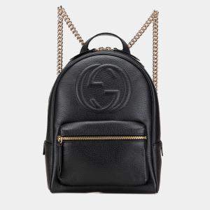 Pre Owned Gucci Black Pebbled Calfskin Soho Chain Backpack