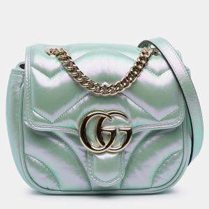 Pre Owned Gucci Green Mini GG Marmont Matelasse Iridescent Leather Flap Crossbody
