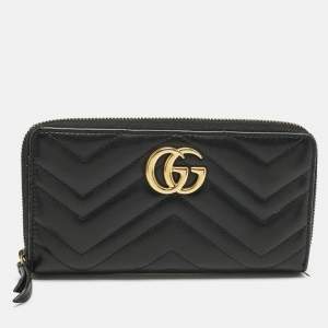 Pre Owned Gucci Black Matelassé Leather GG Marmont Continental Wallet