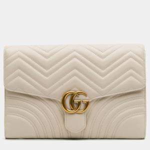 Pre Owned Gucci White GG Marmont Matelasse Leather Flap Clutch
