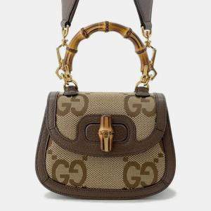 Pre Owned Gucci Bamboo 1947 Jumbo Gg Top Handle Bag Beige/Brown Canvas Leather Size Mini