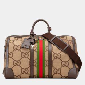 Pre Owned Gucci Brown Large Jumbo GG Canvas Web Duffle Bag