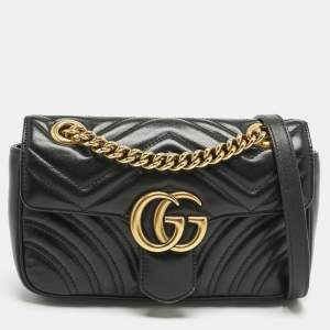 Pre Owned Gucci Black Matelassé Leather Mini GG Marmont Shoulder Bag