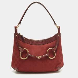 Pre Owned Gucci Red GG Canvas and Leather Horsebit Hobo
