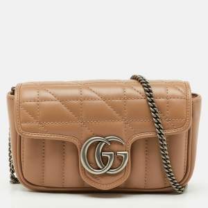Pre Owned Gucci Beige Matelassé Leather Super Mini GG Marmont Shoulder Bag