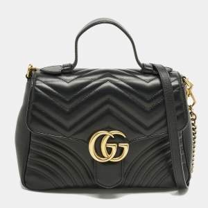Pre Owned Gucci Black Matelasse Leather Medium GG Marmont Top Handle Bag
