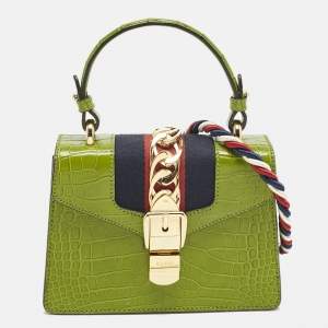 Pre Owned Gucci Olive Alligator Mini Web Sylvie Top Handle Bag