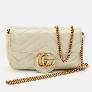 Pre Owned Gucci Off White Matelassé Leather Super Mini GG Marmont Shoulder Bag