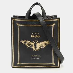 Pre Owned Gucci Black/Gold Leather Garden Bat Vertical Tote