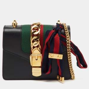 Pre Owned Gucci Black Leather Mini Web Chain Sylvie Crossbody Bag