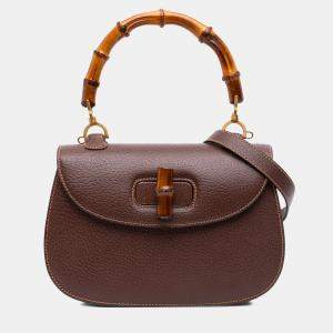 Pre Owned Gucci Brown Grained Calfskin Bamboo Night Handbag