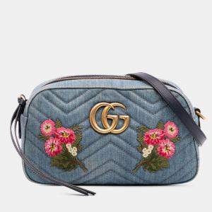 مملوكة مسبقًا Gucci Blue Small GG Marmont Embroidered Matelasse Denim Crossbody