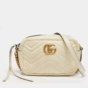 Pre Owned Gucci Off White Matelassé Leather Mini GG Marmont Camera Bag