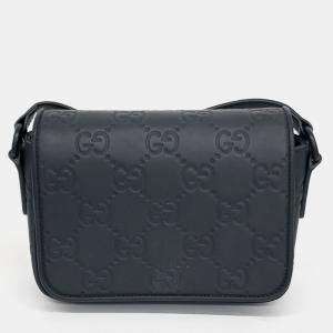 Pre Owned Gucci Black Leather GG Rubber-Effect Super Mini Bag
