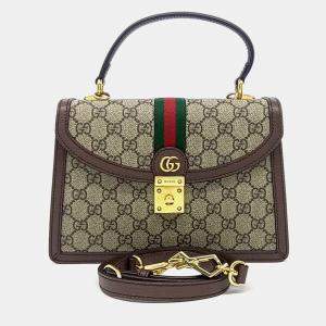 Pre Owned Gucci Brown Coated Canvas and Leather Gucci Brown Ophidia Top Handle Bag