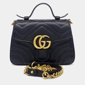 Pre Owned Gucci Black Leather Marmont Mini Top Handle Shoulder Bag