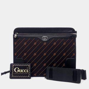 Pre Owned Gucci Black Orange Fabric Interlocking Crossbody Bag