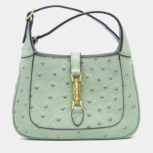 Pre Owned Gucci Green Ostrich Leather Ostrich Jackie 1961 Mini Hobo Bag