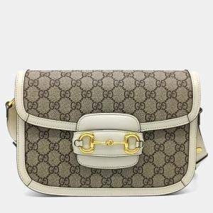 Pre Owned Gucci Beige White Coated Canvas 1955 Horsebit Shoulder Bag