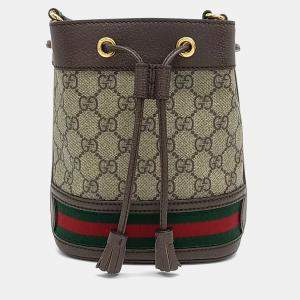 مملوكة مسبقًا Gucci Brown Coated Canvas and Leather Ophidia Mini Bucket Bag