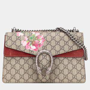 Pre Owned Gucci Beige Brown Small GG Supreme Blooms Dionysus Shoulder Bag