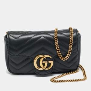 Pre Owned Gucci Black Matelassé Leather Super Mini GG Marmont Crossbody Bag