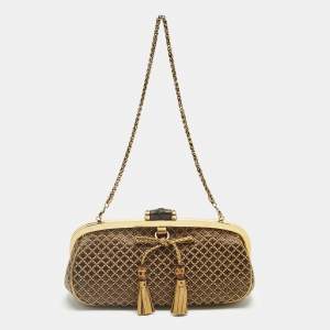 Pre Owned Gucci Gold/Brown Diamond Fabric Bamboo Frame Chain Clutch