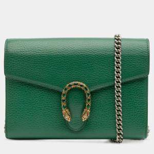 Pre Owned Gucci Green Mini Leather Dionysus Wallet on Chain
