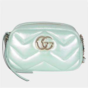 Pre Owned Gucci Salvy Green Iridescent Nappa Chevron Matelasse Small GG Marmont Chain Bag