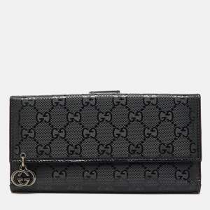 Pre Owned Gucci Black GG Imprime Canvas and Leather Bifold Long Wallet