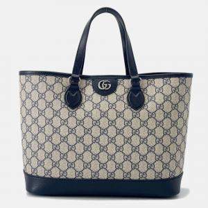 Pre Owned Gucci Ophidia Gg Supreme 2Way Tote Bag Beige/Navy Pvc Leather Size Small