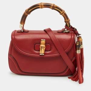 Pre Owned Gucci Red Leather Medium New Bamboo Top Handle Bag