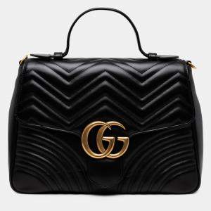 Pre Owned Gucci Black Medium GG Marmont Matelasse Leather Top Handle Satchel