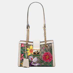 Pre Owned Gucci Brown White Small GG Supreme Flora Padlock Tote