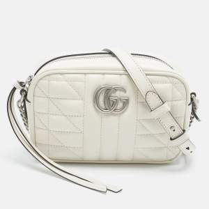 Pre Owned Gucci White Mix Quilted Leather Mini GG Marmont Camera Bag 