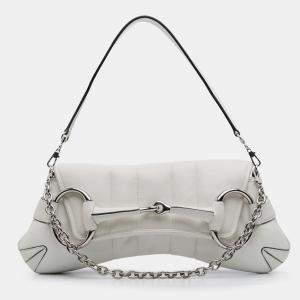 Pre Owned Gucci White Small Leather Horsebit Chain Satchel