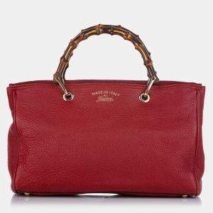 Pre Owned Gucci Red Medium Calfskin Bamboo Shopper Satchel