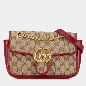 Pre Owned Gucci Beige Brown Small GG Marmont GG Matelasse Diagonal Canvas Shoulder Bag
