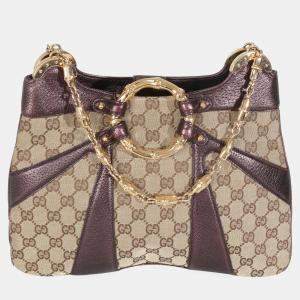 Pre Owned Gucci Tom Ford Metallic Purple Beige Monogram Bamboo Chain Shoulder Bag