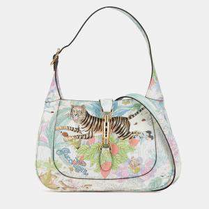 Pre Owned Gucci White Yuko Higuchi Small Calfskin  Floral Print Jackie 1961