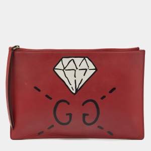 Pre Owned Gucci Red Leather Ghost Diamond Print Zip Pouch Clutch