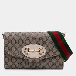 Pre Owned Gucci Brown Small GG Supreme Horsebit 1955 Satchel
